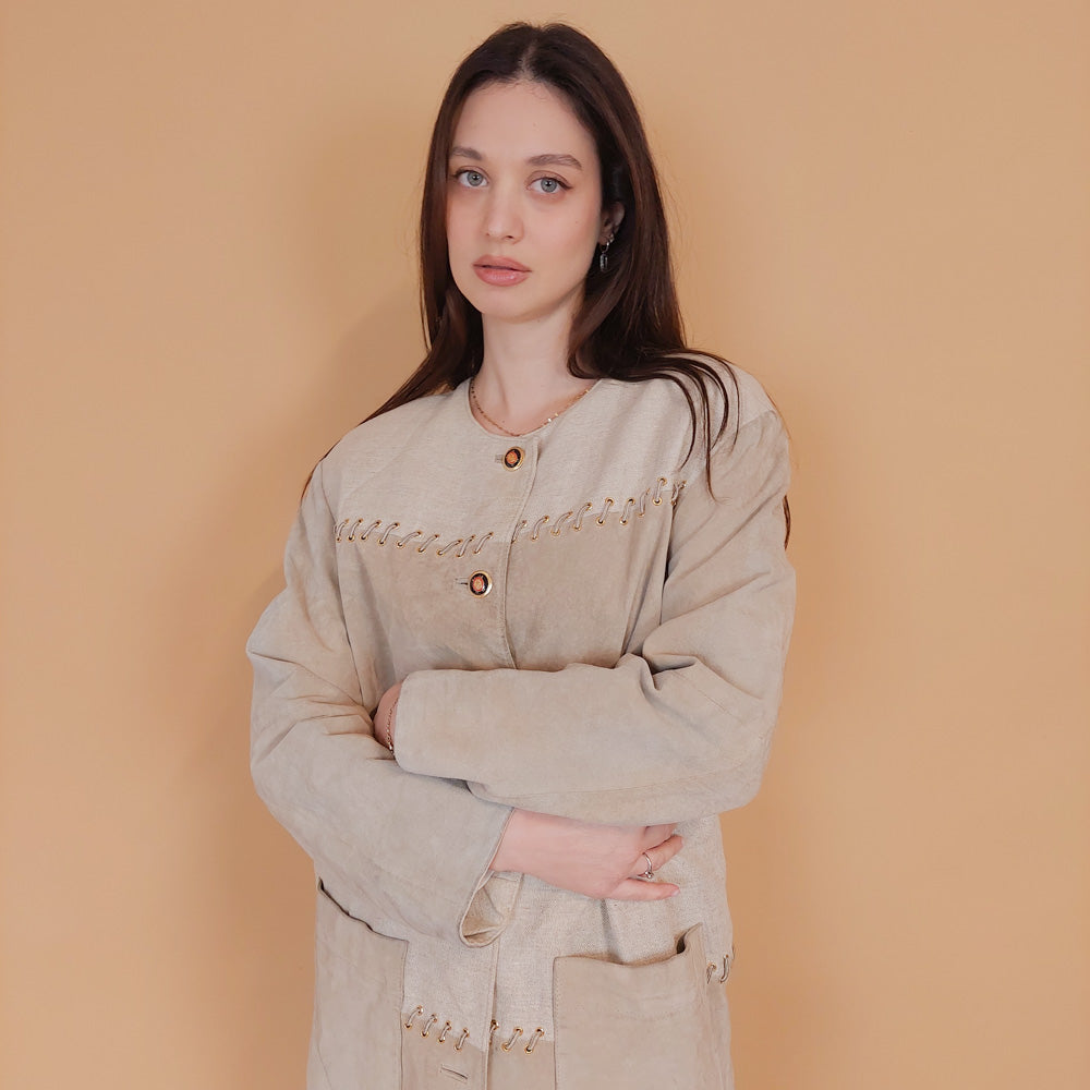 VIN-OUTW-34148 Vintage suede δερμάτινο-λινό σακάκι L