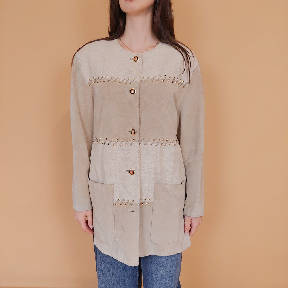 VIN-OUTW-34148 Vintage suede δερμάτινο-λινό σακάκι L