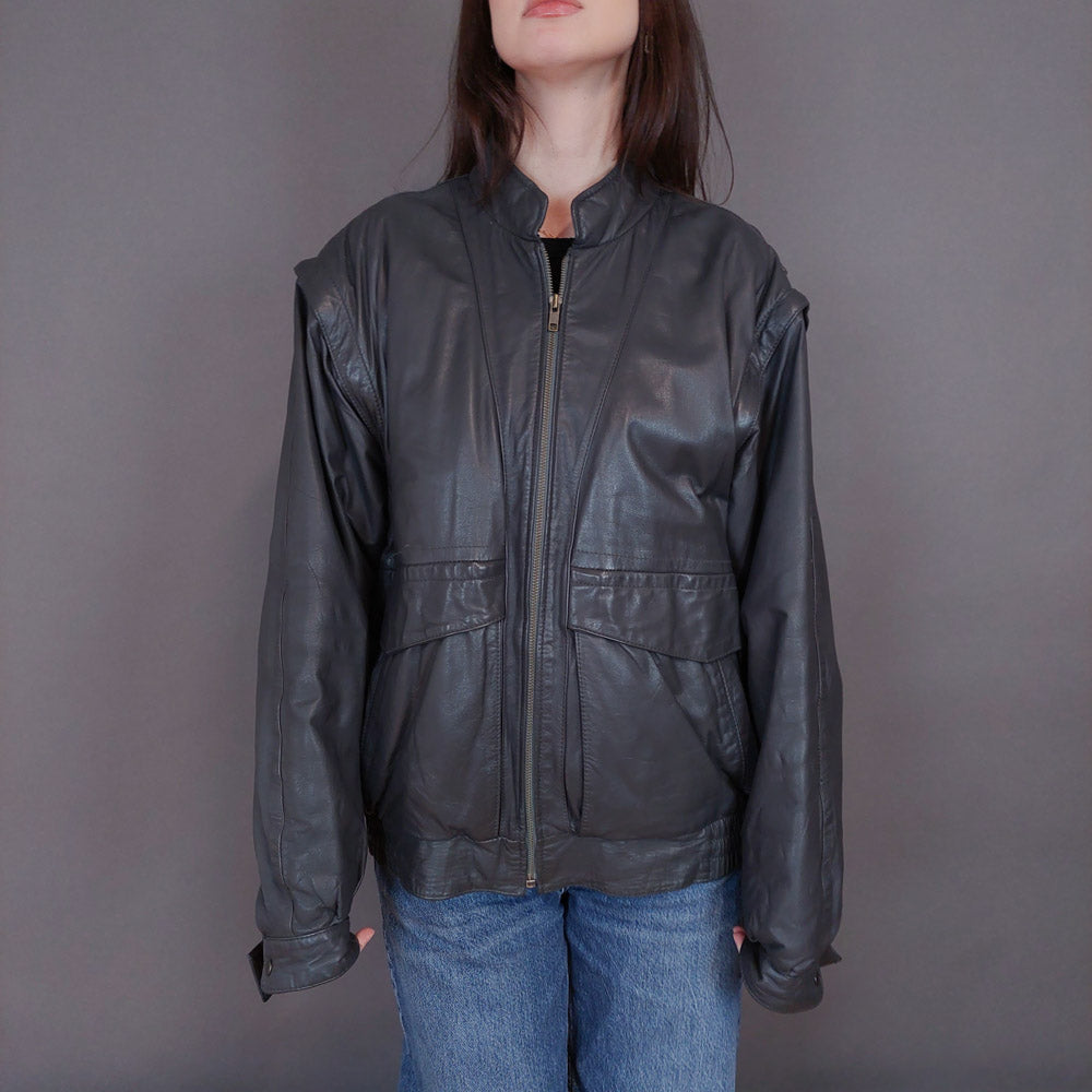 VIN-OUTW-33339 Vintage δερμάτινο γκρι bomber jacket L