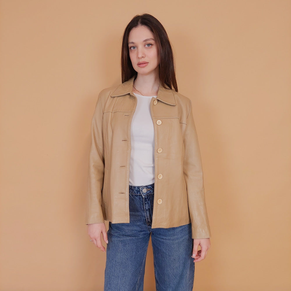 VIN-OUTW-34151 Vintage δερμάτινο σακάκι μπεζ S-M