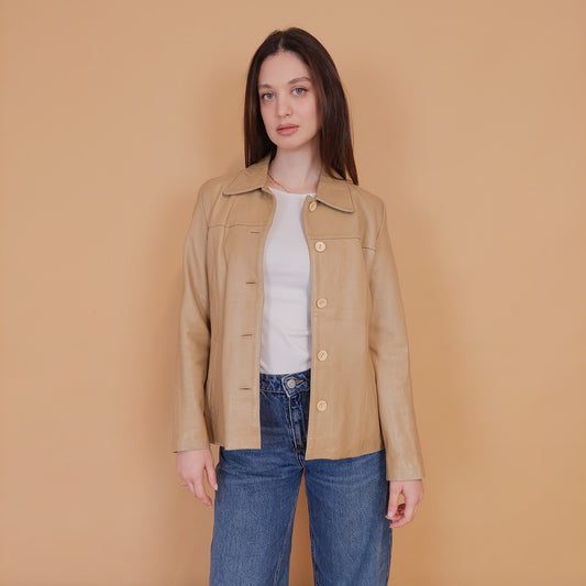 VIN-OUTW-34151 Vintage δερμάτινο σακάκι μπεζ S-M