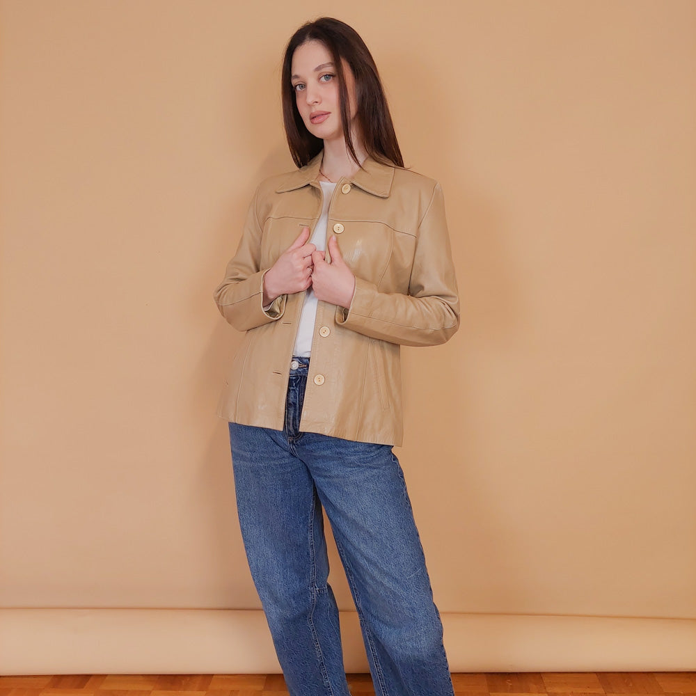 VIN-OUTW-34151 Vintage δερμάτινο σακάκι μπεζ S-M