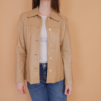 VIN-OUTW-34151 Vintage δερμάτινο σακάκι μπεζ S-M