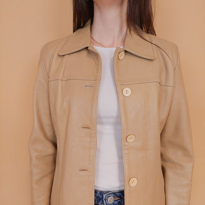 VIN-OUTW-34151 Vintage δερμάτινο σακάκι μπεζ S-M