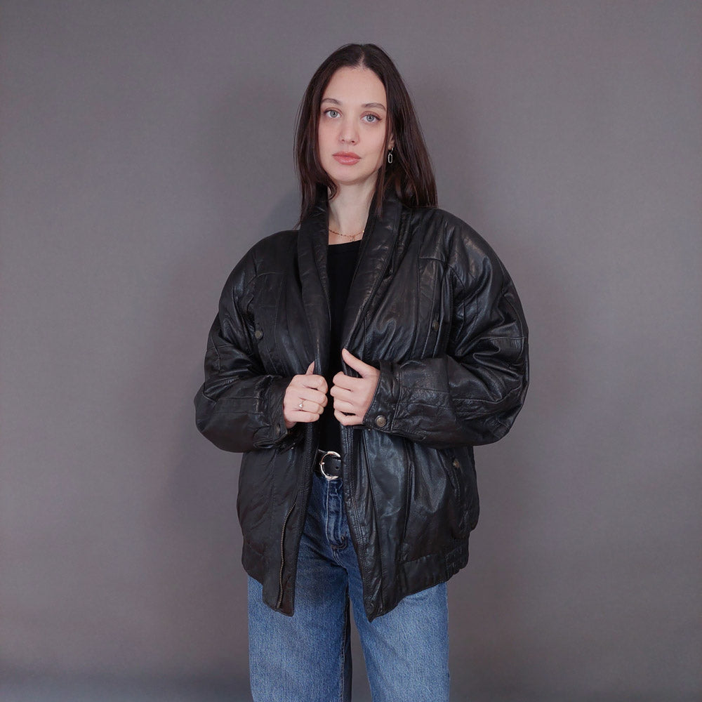 VIN-OUTW-33337 Vintage δερμάτινο μαύρο bomber jacket L-XL