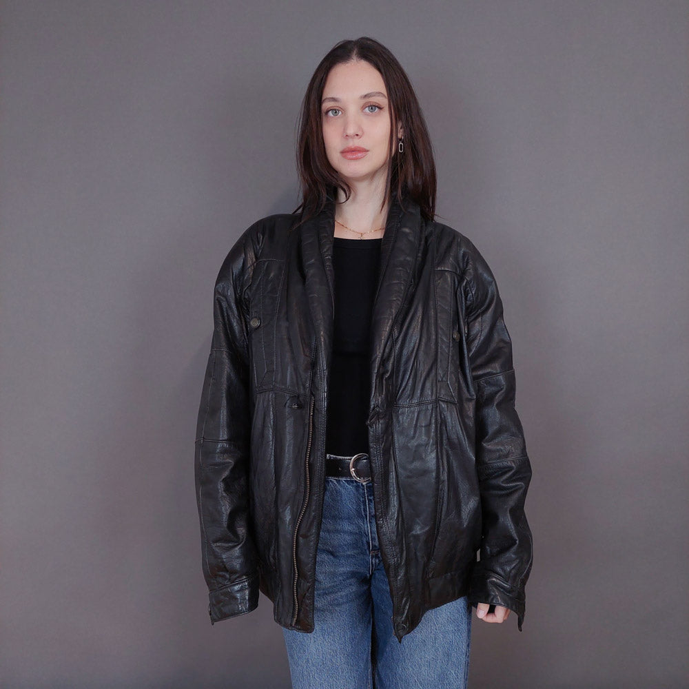 VIN-OUTW-33337 Vintage δερμάτινο μαύρο bomber jacket L-XL