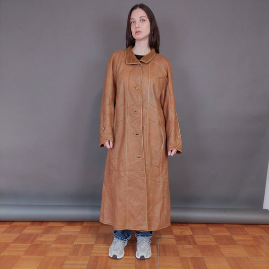 VIN-OUTW-33354 Vintage δερμάτινο κάμελ πανωφόρι L