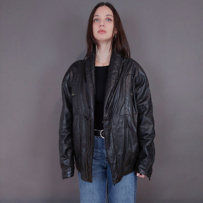 VIN-OUTW-33337 Vintage δερμάτινο μαύρο bomber jacket L-XL