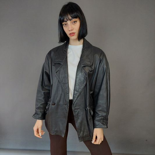 VIN-OUTW-26292 Vintage δερμάτινο jacket 80s μαύρο Μ-L