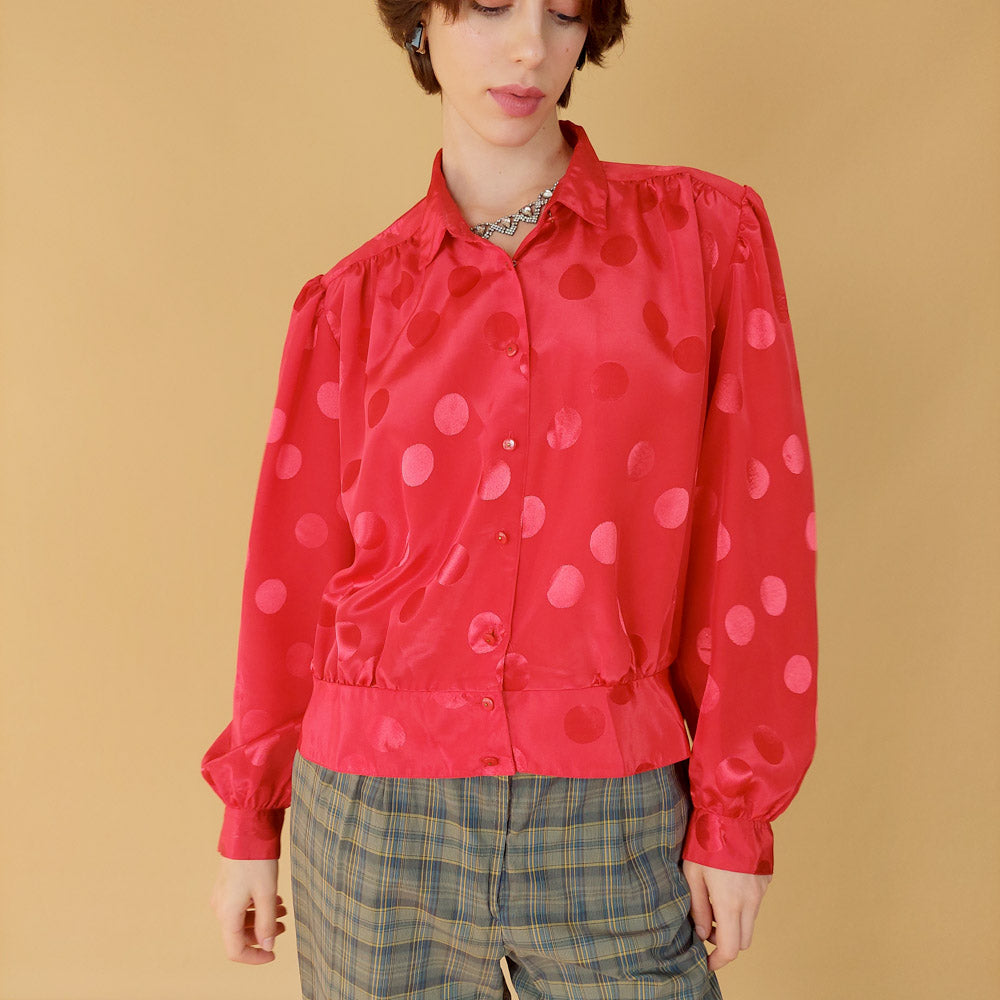 VIN-BLO-25491 Vintage πουκάμισο κόκκινο πουά L