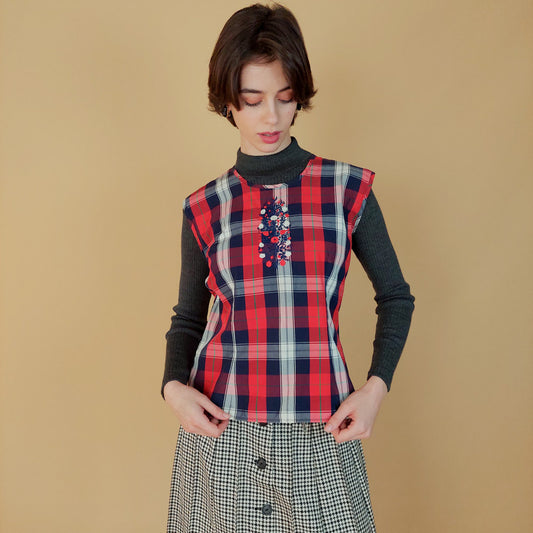 VIN-BLO-25643 Vintage αμάνικη μπλούζα καρό M