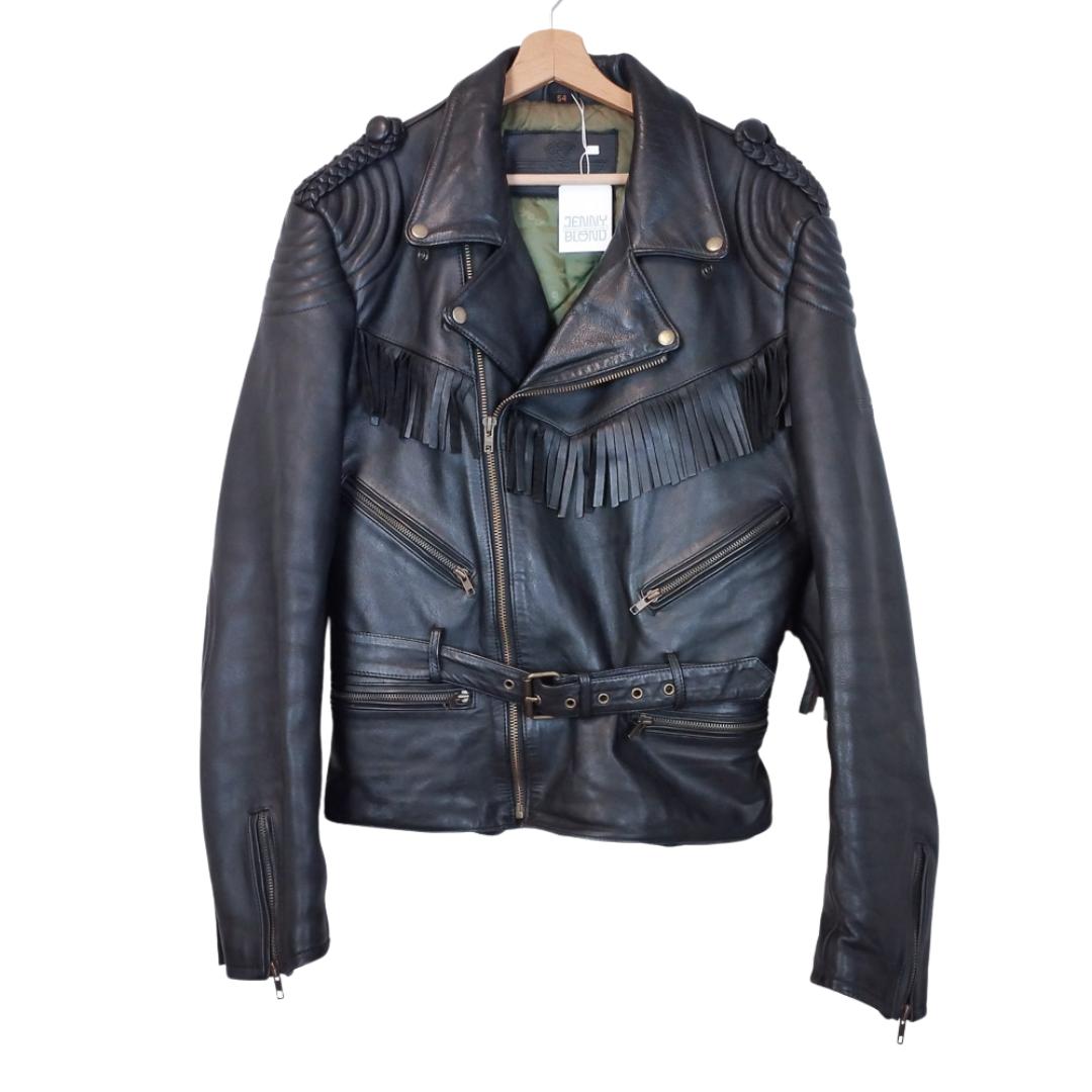 VIN-OUTW-26503 Vintage δερμάτινο jacket biker unisex με κρόσσια μαύρο Μ-L