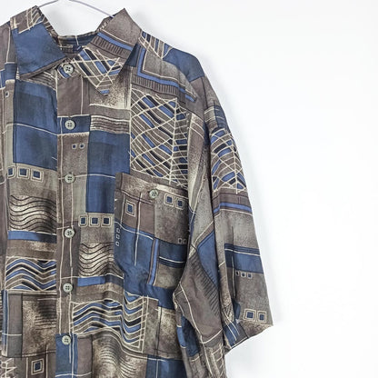 VIN-SHI-25342 Vintage πουκάμισο μεταξωτό crazy pattern 90s XL
