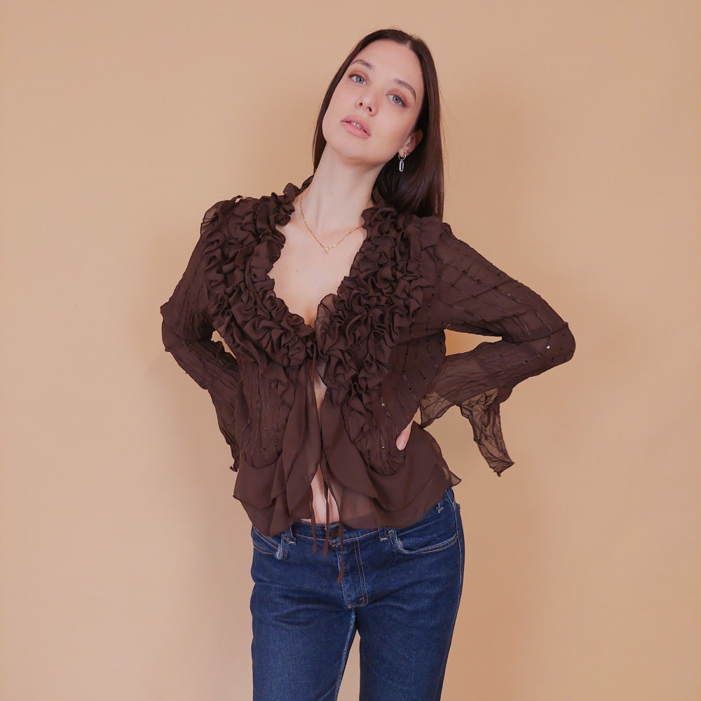 VIN-BLO-32520 Vintage πουκάμισο καφέ βισκόζη M