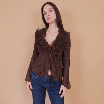 VIN-BLO-32520 Vintage πουκάμισο καφέ βισκόζη M