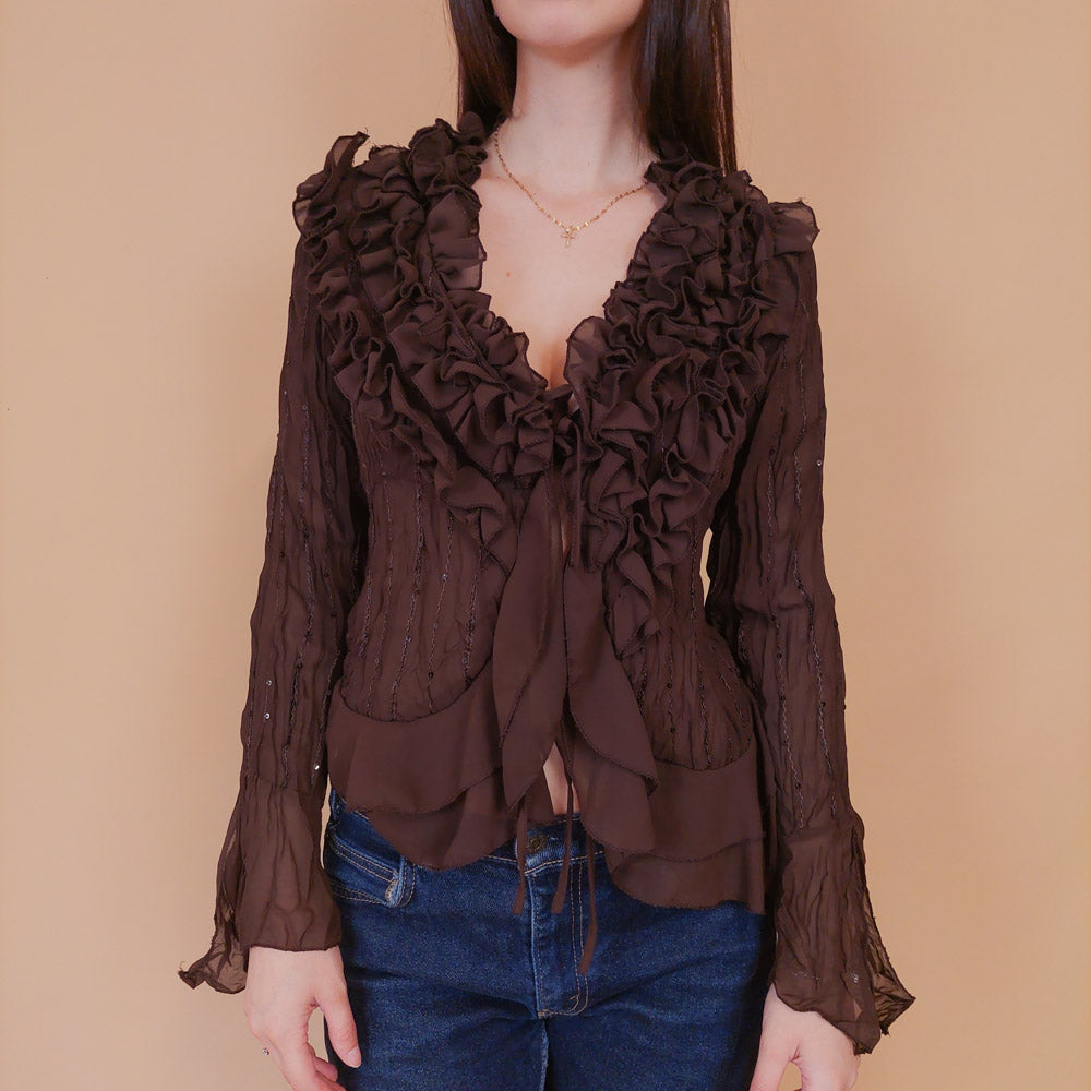 VIN-BLO-32520 Vintage πουκάμισο καφέ βισκόζη M