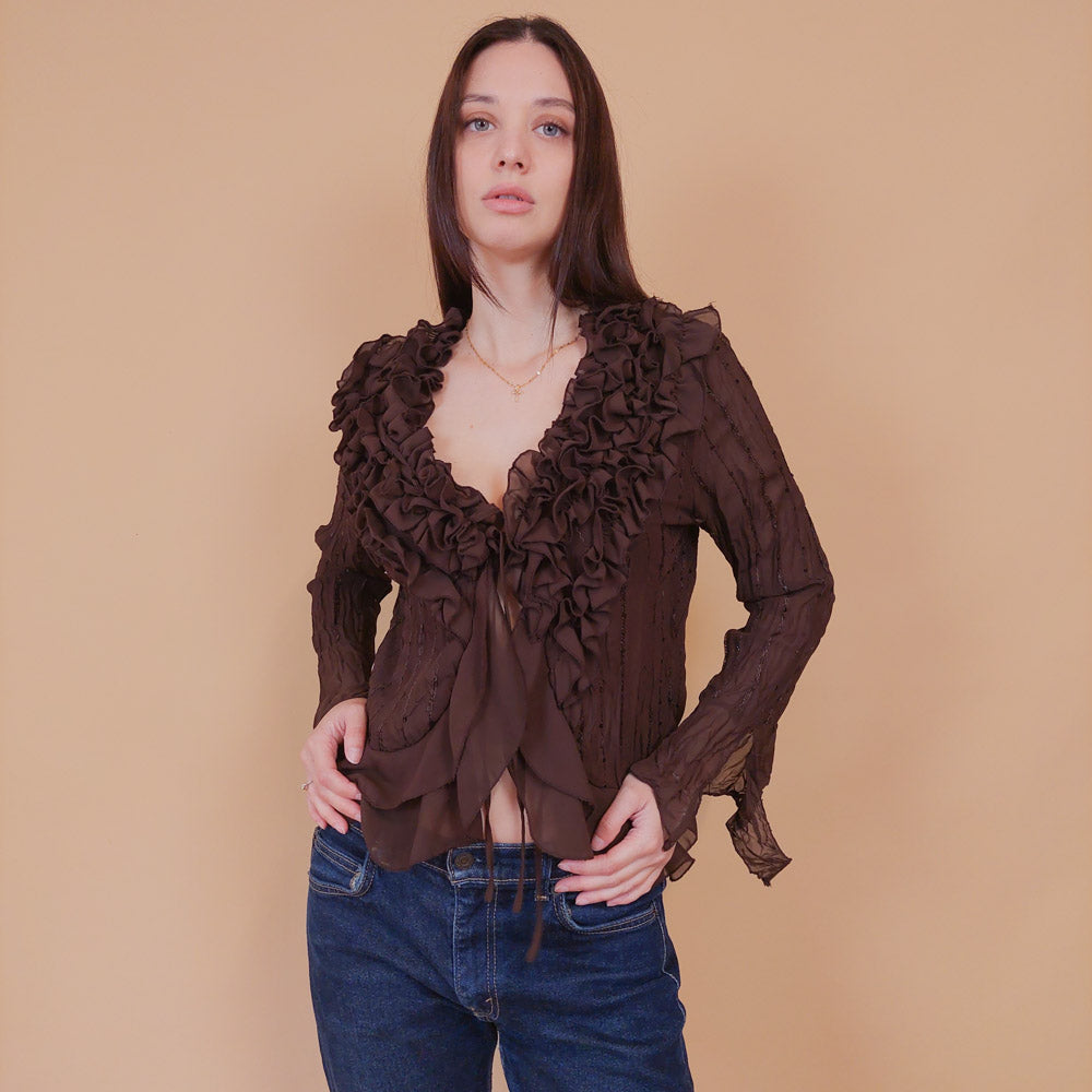 VIN-BLO-32520 Vintage πουκάμισο καφέ βισκόζη M