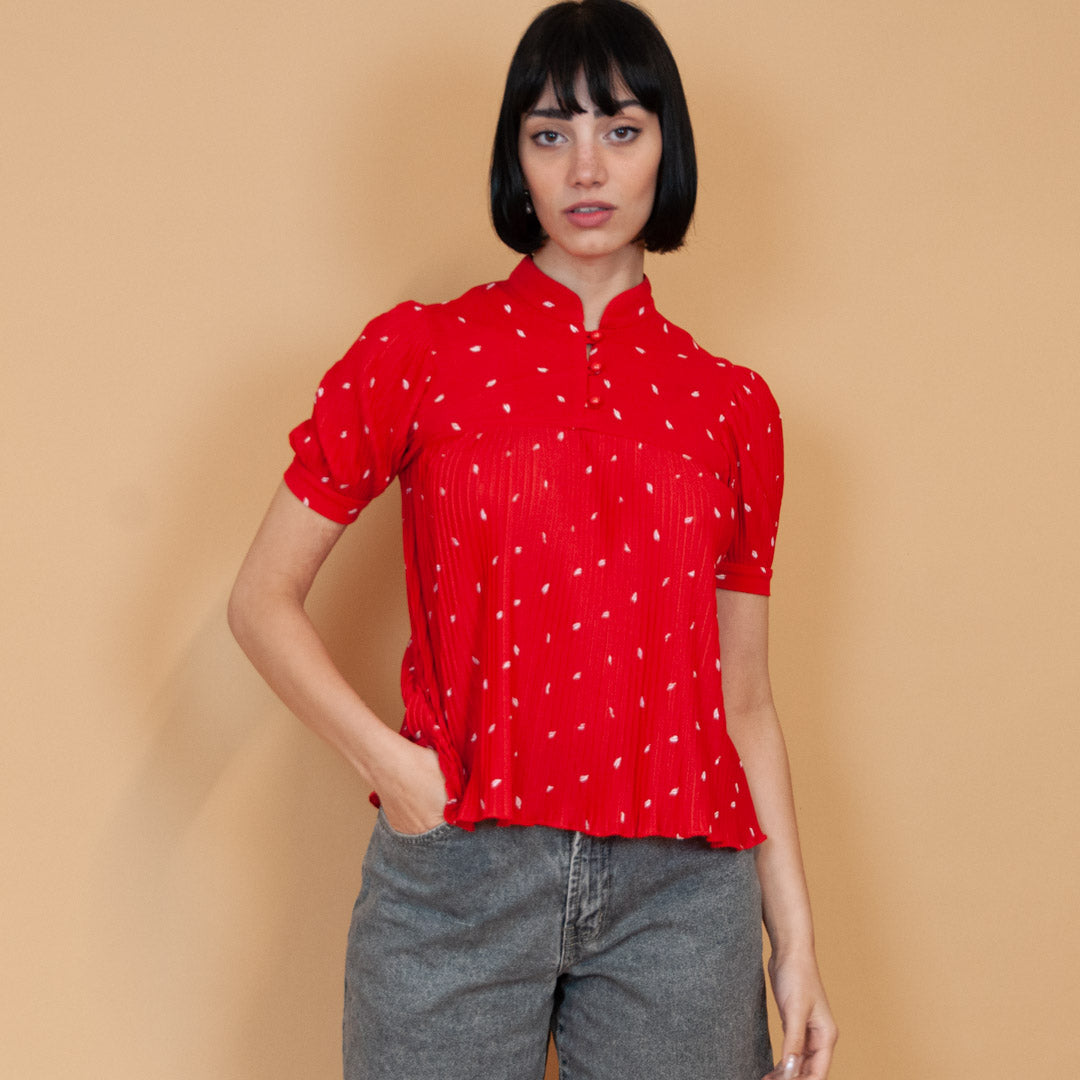 VIN-BLO-23046 Vintage μπλούζα πλισέ κόκκινο S