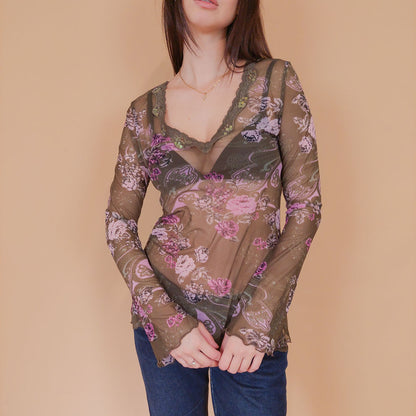 VIN-BLO-32544 Vintage τοπ λαδί τούλι M-L