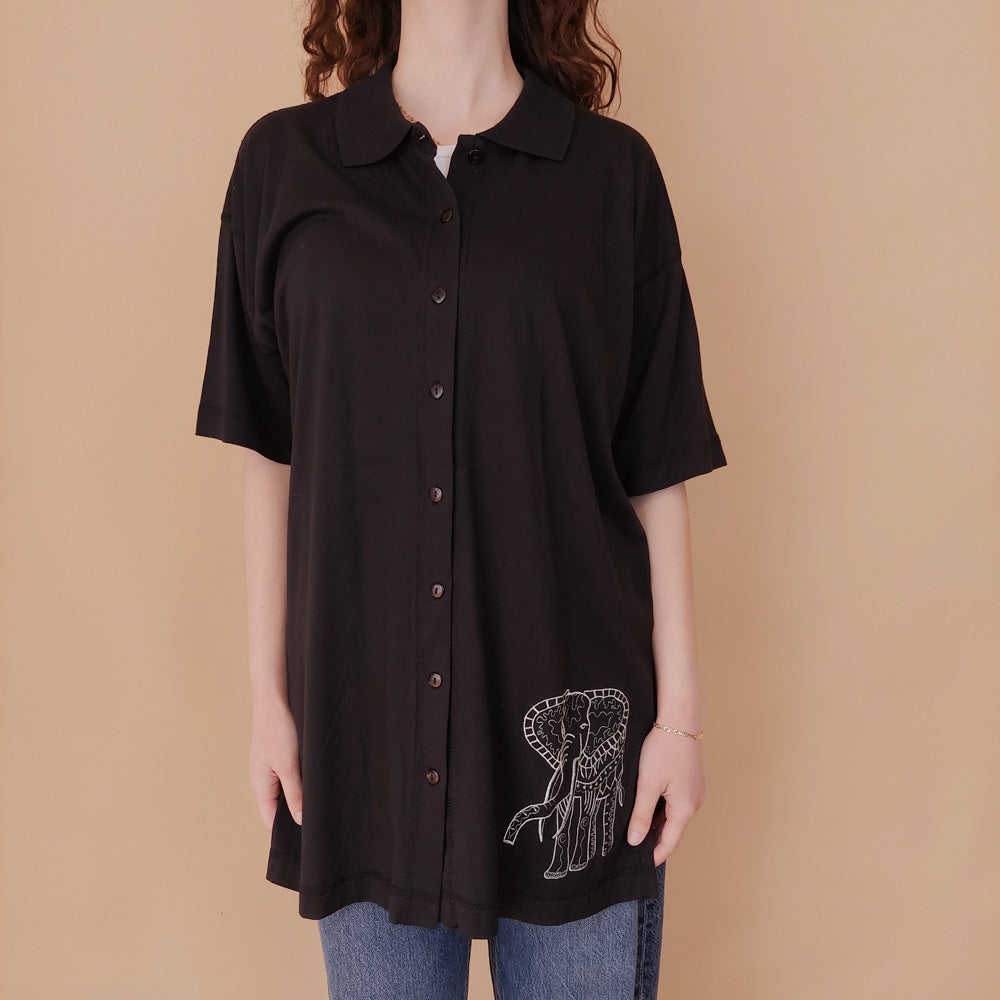 VIN-BLO-34838 Vintage top μαύρο με κέντημα ελέφαντα  M