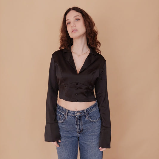 VIN-BLO-34839 Vintage top μαύρο σατέν S