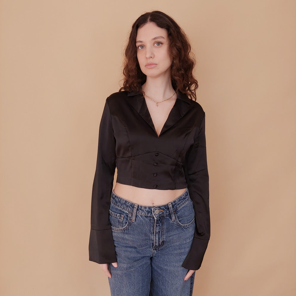 VIN-BLO-34839 Vintage top μαύρο σατέν S
