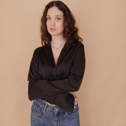 VIN-BLO-34839 Vintage top μαύρο σατέν S
