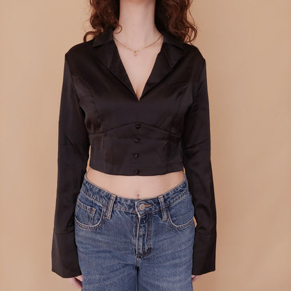 VIN-BLO-34839 Vintage top μαύρο σατέν S