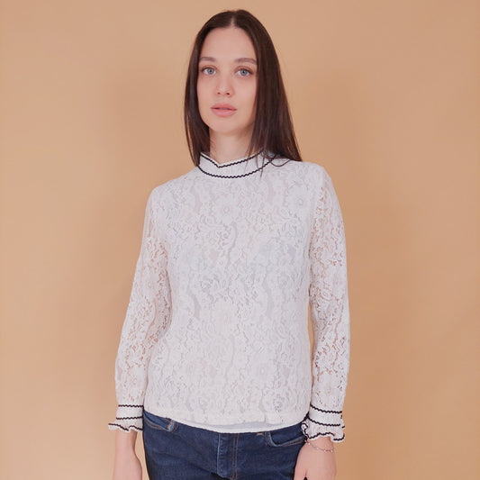 VIN-BLO-32557 Vintage πουκάμισο δαντέλα λευκό L