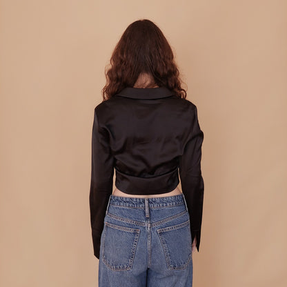 VIN-BLO-34839 Vintage top μαύρο σατέν S
