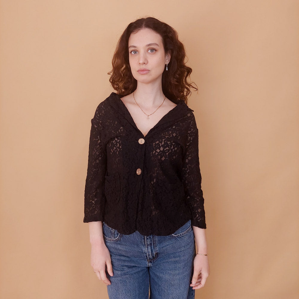 VIN-BLO-34842 Vintage top μαύρο δαντελένιο S-M