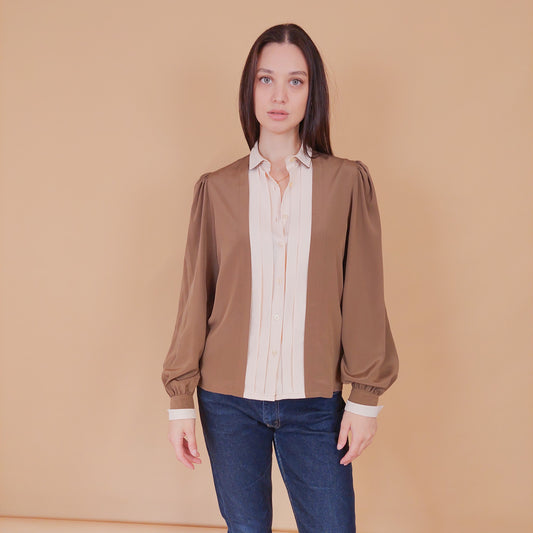 VIN-BLO-32547 Vintage πουκάμισο καφέ ροζ S-M