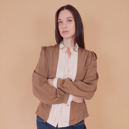 VIN-BLO-32547 Vintage πουκάμισο καφέ ροζ S-M