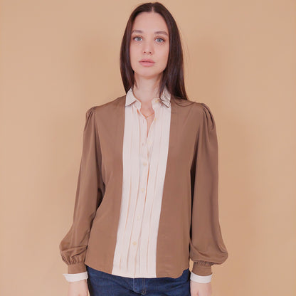 VIN-BLO-32547 Vintage πουκάμισο καφέ ροζ S-M