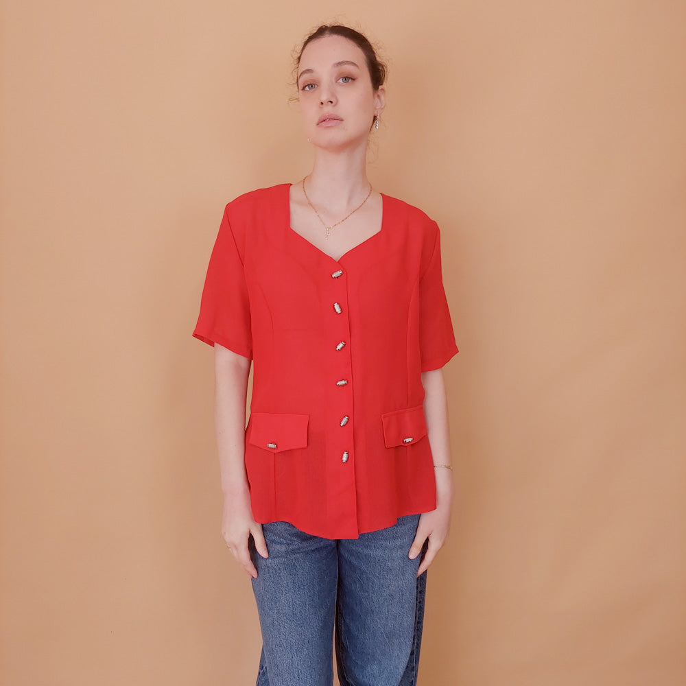 VIN-BLO-34921 Vintage top κόκκινο με ιδιαίτερα κουμπιά M