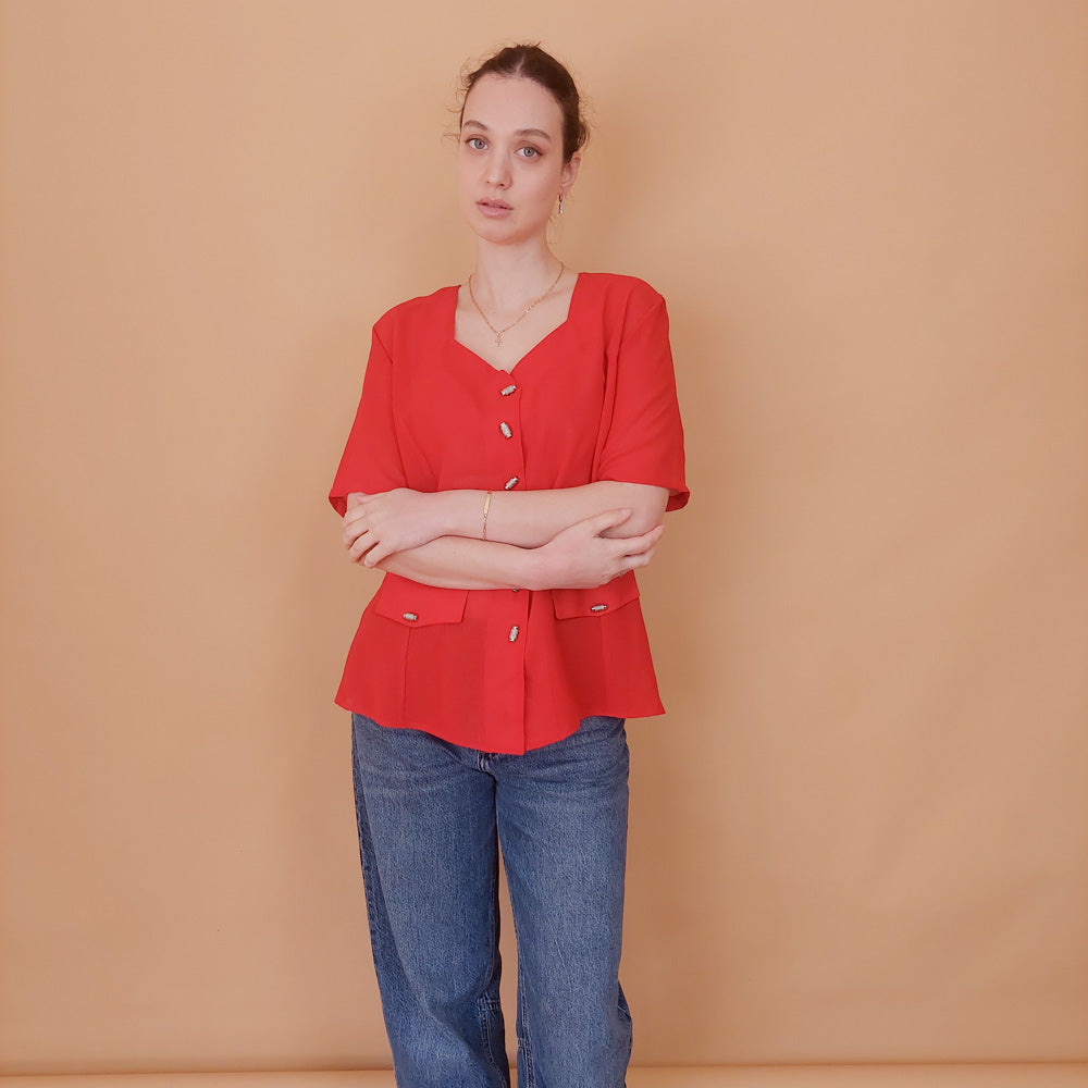 VIN-BLO-34921 Vintage top κόκκινο με ιδιαίτερα κουμπιά M