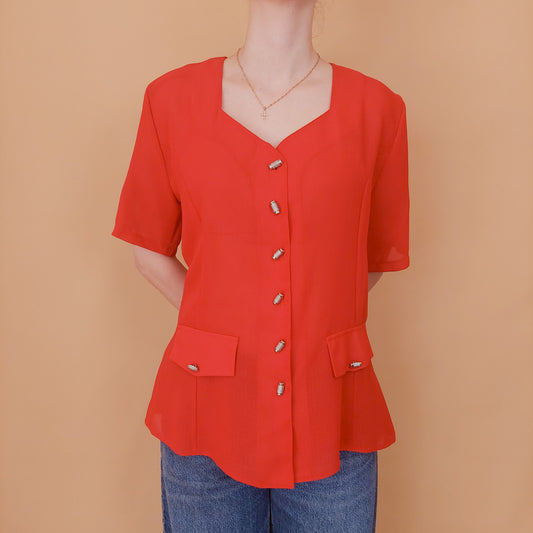 VIN-BLO-34921 Vintage top κόκκινο με ιδιαίτερα κουμπιά M