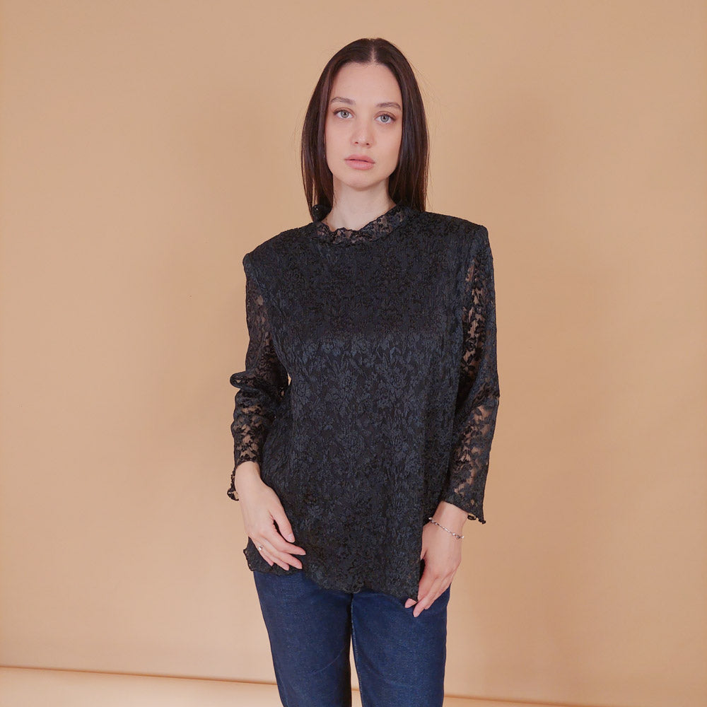 VIN-BLO-32557 Vintage πουκάμισο δαντέλα μαύρο L