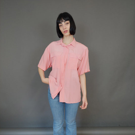 VIN-BLO-27253 Vintage πουκάμισο μεταξωτό ροζ Μ