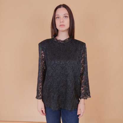 VIN-BLO-32557 Vintage τοπ δαντέλα μαύρο L