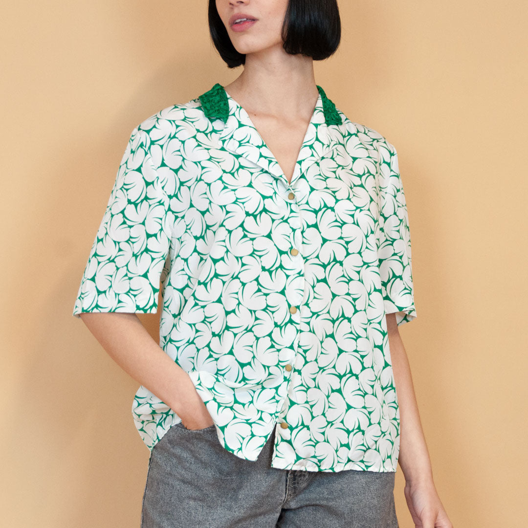 VIN-BLO-23057 Vintage πουκάμισο λευκό-πράσινο L