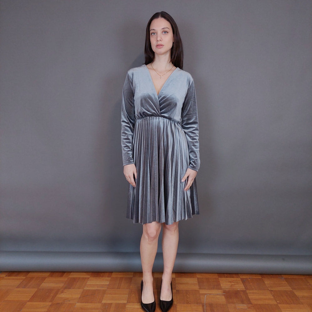 VIN-DR-33290 Vintage φόρεμα βελουτέ πλισέ γκρι L