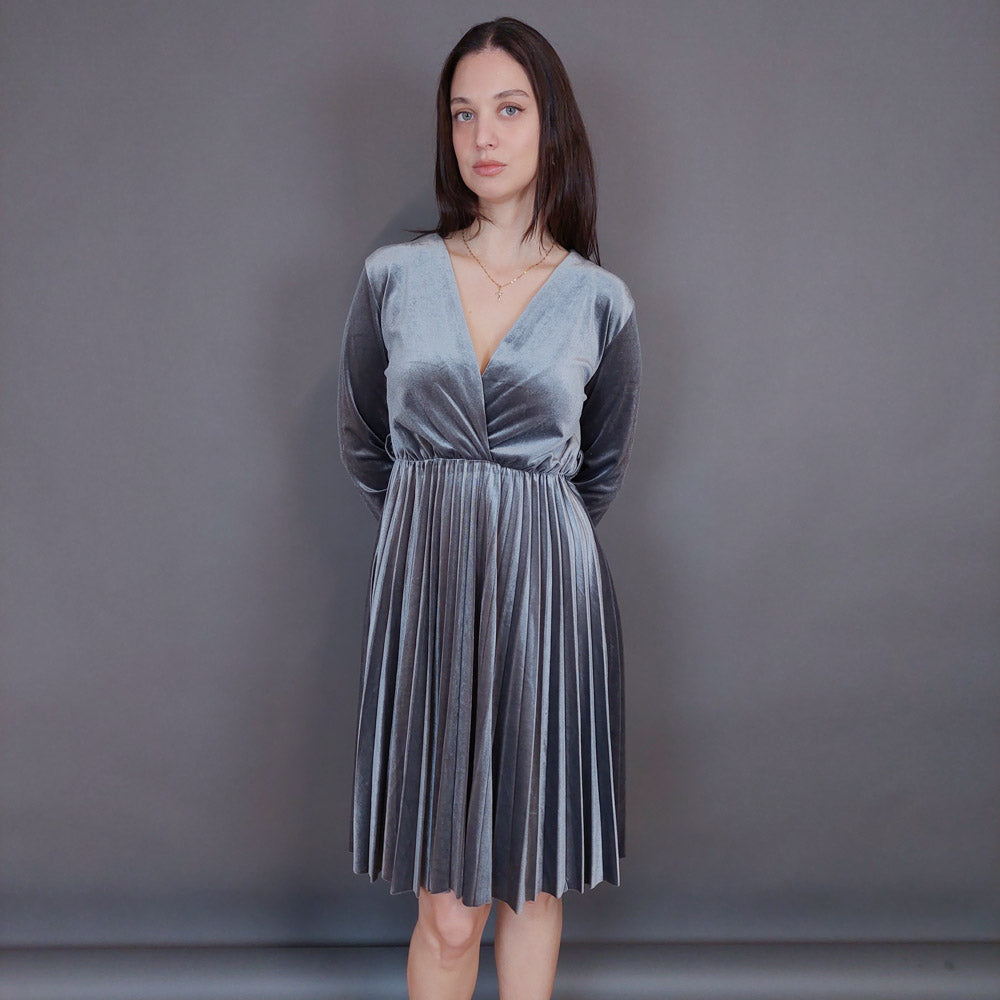 VIN-DR-33290 Vintage φόρεμα βελουτέ πλισέ γκρι L
