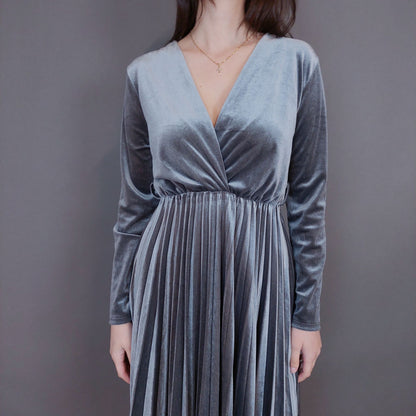 VIN-DR-33290 Vintage φόρεμα βελουτέ πλισέ γκρι L