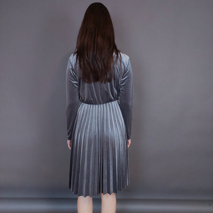 VIN-DR-33290 Vintage φόρεμα βελουτέ πλισέ γκρι L