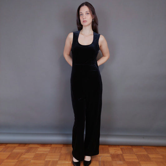 VIN-DR-33292 Vintage ολόσωμη φόρμα βελουτέ μαύρη M