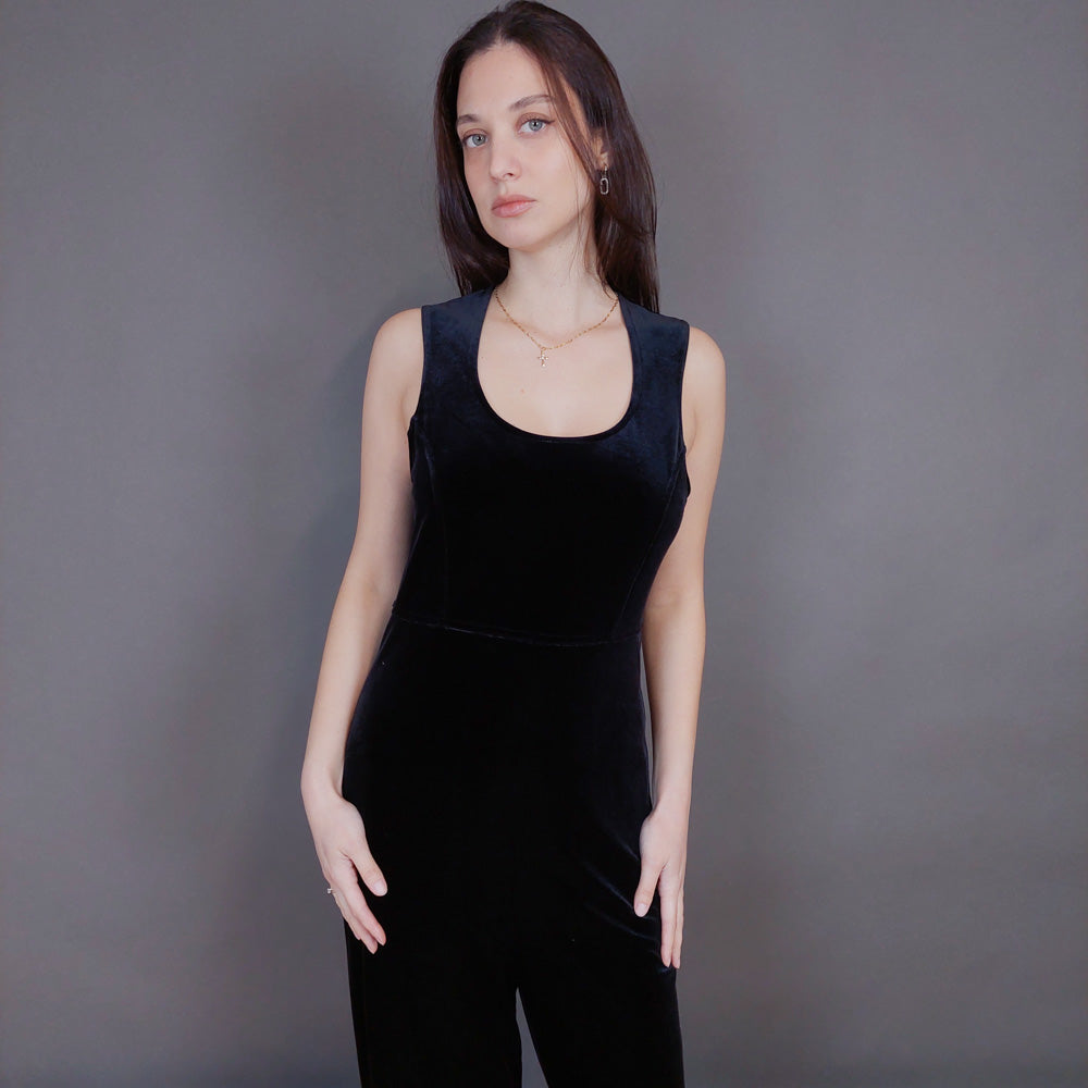 VIN-DR-33292 Vintage ολόσωμη φόρμα βελουτέ μαύρη S-M