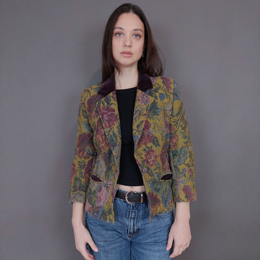 VIN-OUTW-33265 Vintage σακάκι ζακάρ με βελουτέ γιακά XS