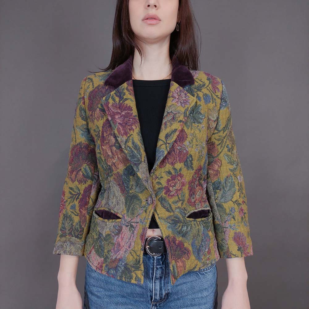 VIN-OUTW-33265 Vintage σακάκι ζακάρ με βελουτέ γιακά XS