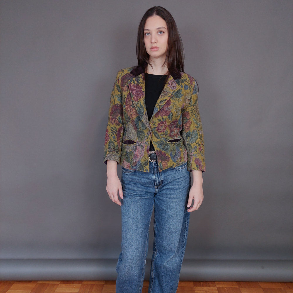 VIN-OUTW-33265 Vintage σακάκι ζακάρ με βελουτέ γιακά XS